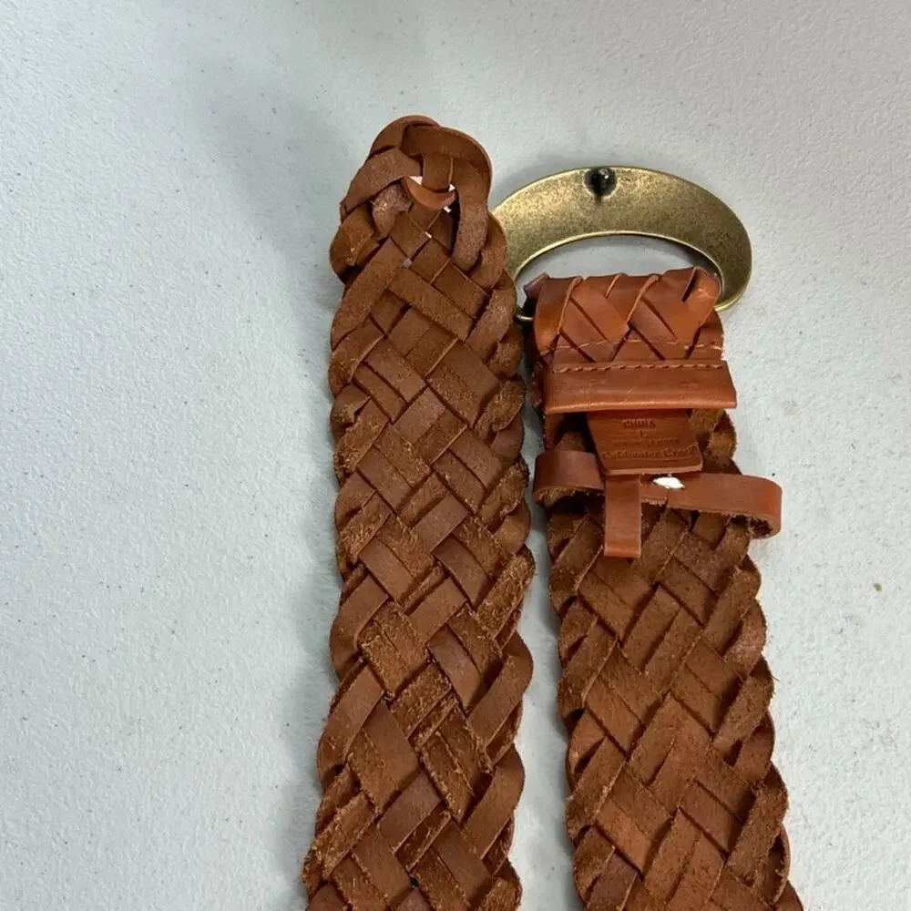 Coldwater Creek Braided Belt Women's L Brown Leather With Hammered Brass Buckle